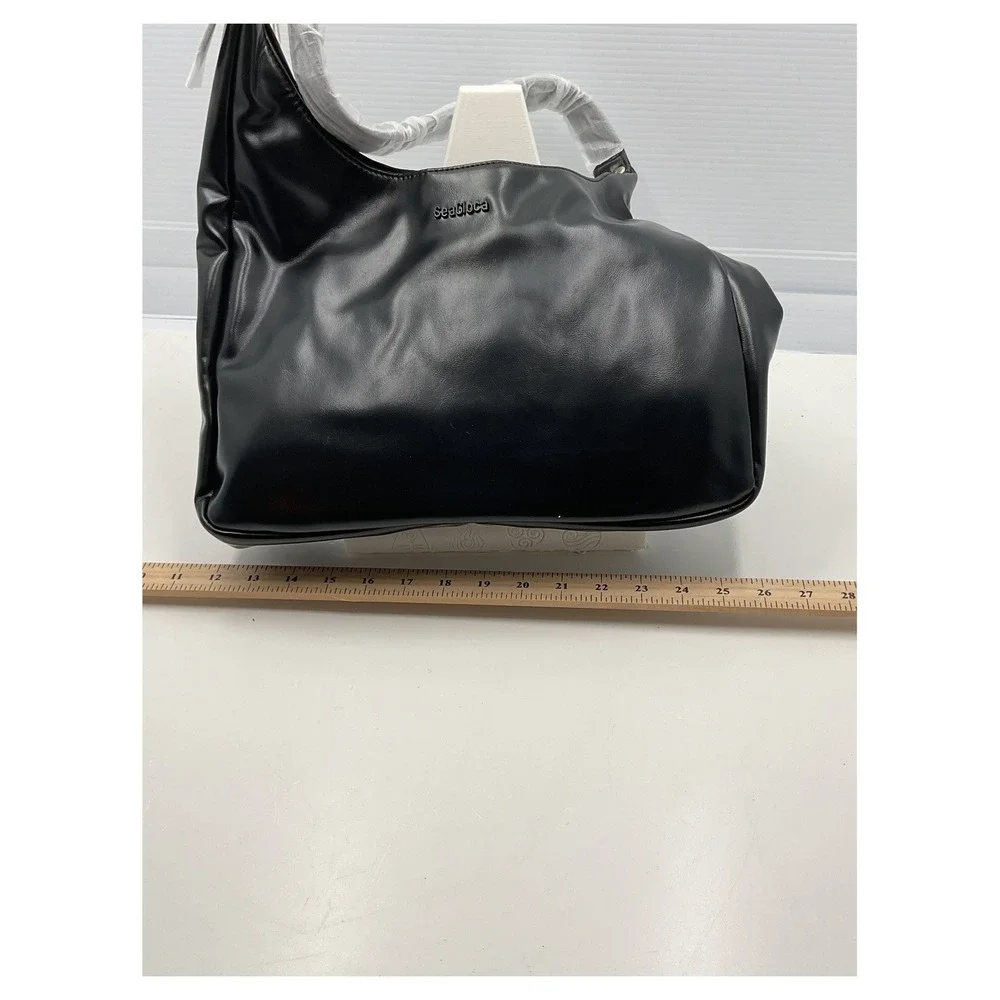 SeaGloca‎ Black Faux Leather Hobo Shoulder Bag Large NWT